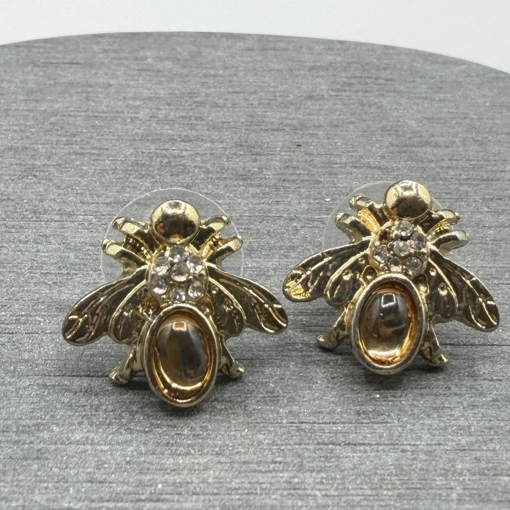Amber & Gold Tone Bee Stud Earrings Rhinestone Insect Statement Jewelry Pierced